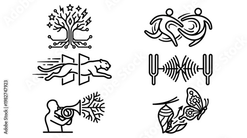 Vector Illustration of Diverse Nature and Animal Icons in Modern Line Art Style