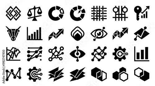 Vector Icon Set of Business and Finance Data Analytics Symbols in Black