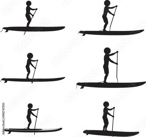 Set of silhouettes of people stand up paddle boarding