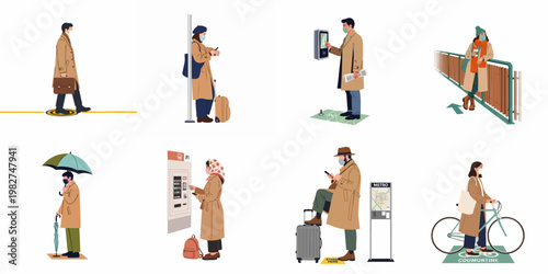 Vector illustrations of people wearing masks and following social distancing guidelines while commuting via public transport during a pandemic.