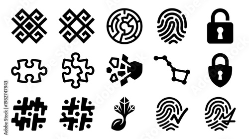 Set of Modern Puzzle Piece Icons With Lock Symbols and Floral Elements in Monochrome Style