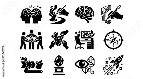 Set of Modern Black Icons Representing Brain, Meditation, Communication, Research, Creativity, and Technology