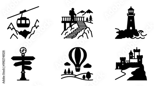 Collection of Scenic Icons Featuring Mountains, Lighthouse, Hot Air Balloon, Nature, and Adventure Style