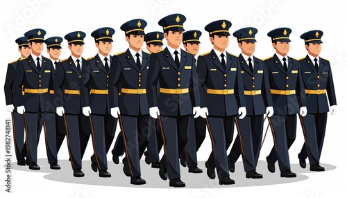 Group of Police Officers in Uniform Marching Together.