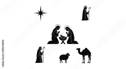 Nativity Scene Silhouette: Jesus, Mary, Joseph, Star, Shepherd, Camel, Sheep