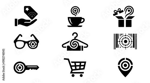 Vector Icon Set Of Hand Holding Gift, Key, Shopping Cart, Bar Code, Coffee Cup, and Target Symbols