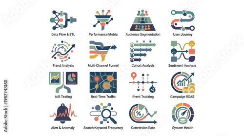Set of Modern Data Analytics Icons for Business and Technology Applications