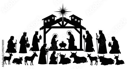 Christmas Nativity Scene Silhouette - Jesus, Mary, Joseph, Mangers, Animals, Star, Kings
