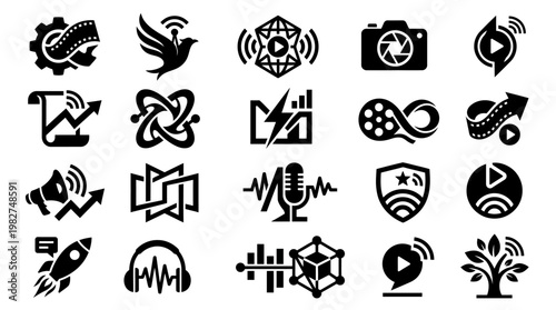Vector Icon Set of Technology and Communication Symbols for Digital Interface Design