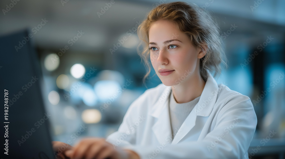 Fototapeta premium Professional biotechnologist conducting experimental analysis via computer interface, background showing pharmaceutical conveyor systems and precision robotics. cinematic color correction, natural