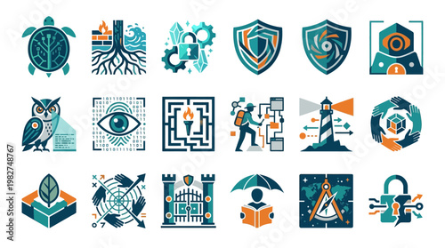 Vector Icon Set of Technology, Cybersecurity, Data Analysis and Digital Security Symbols