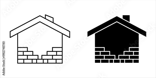Real estate construction and house building icon set with brickwork detail. Professional minimalist line art and solid glyph style for property development, renovation, and industrial workforce projec