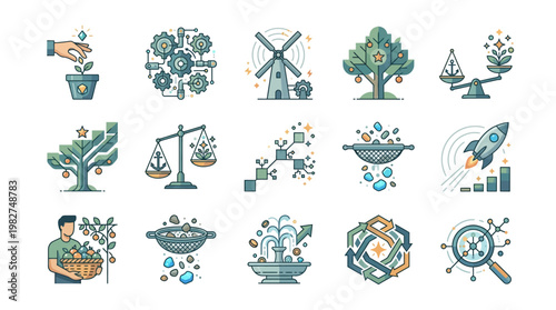 Set of Eco-Friendly Icons Featuring Nature, Sustainability, and Environmental Concepts in Flat Design