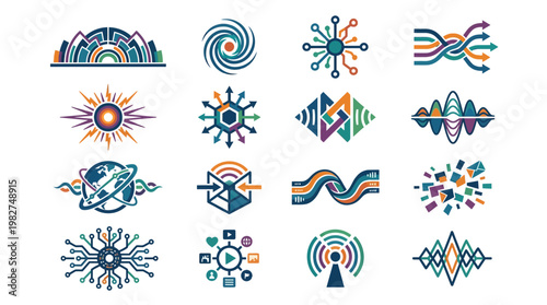 Vector Icon Set of Technological Network and Data Connection Symbols for Digital Communication