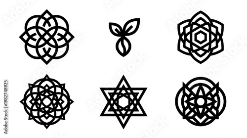 Set of Six Intricate Geometric Mandala Symbols in Black Line Art