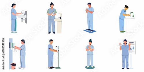 Set of flat vector illustrations showing medical professionals practicing proper hand hygiene and sanitation in a healthcare setting.