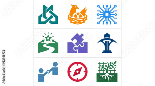 Set of Colorful Abstract Icons Covering Technology Nature and Puzzle Elements in Flat Design