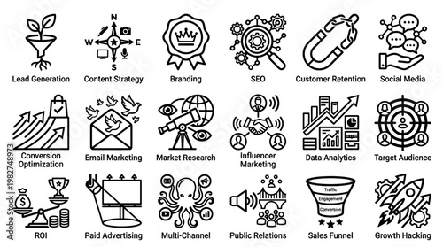 Icons Set of Business and Marketing Symbols for Digital Network and Data Analytics