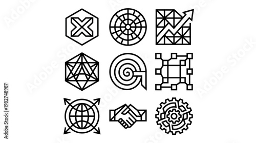 Vector Icon Set Featuring Technology, Global Connectivity, Data, and Digital Interface Symbols