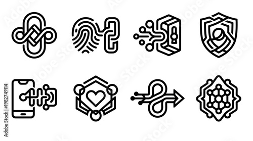 Set of Modern Icons Representing Technology, Communication, Security, and Innovation