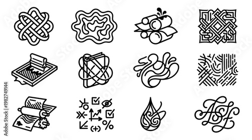 Set of Decorative Line Art Icons with Cultural and Traditional Elements for Graphic Design