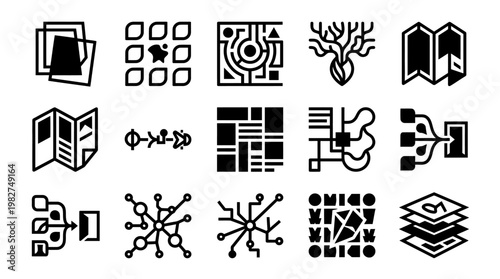 Icon Set Of Technology Circuits And Network Symbols In Black And White