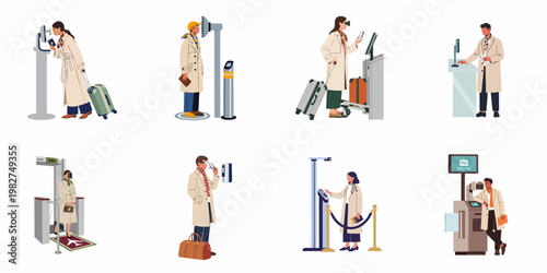 Set of flat illustrations featuring travelers using automated airport services, biometric security, self-check-in kiosks, and luggage drop systems for efficient travel.