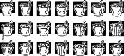 Black and White Line Art of Ice Buckets with Tongs, Multiple Variations