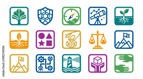 Icons Set of Nature Elements and Environmental Symbols in Modern Flat Style