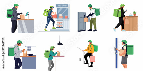 Vector illustration of food delivery couriers picking up orders from cloud kitchens and delivering meals to customers in various commercial and residential settings.