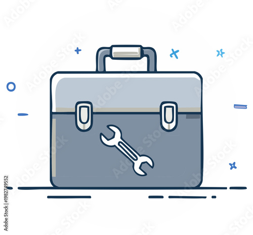 Cartoon illustration of a toolbox with a wrench icon, representing tools and repair.