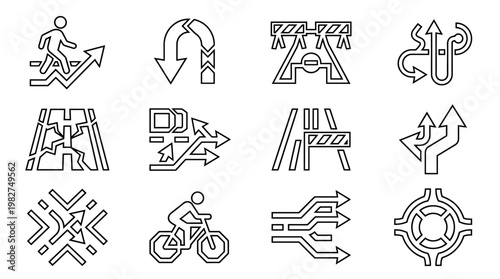 Collection of Modern Line Icons Depicting Movement, Navigation, and Transportation Graphics
