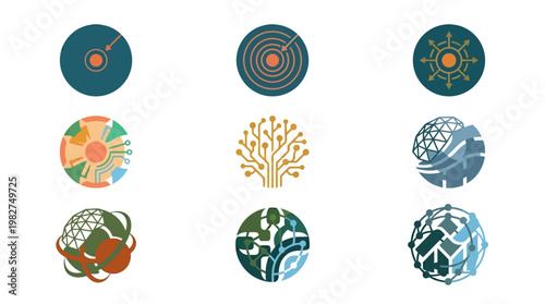 Icons Collection of Abstract Circular Symbols and Tree Elements for Creative Design