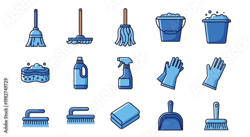 A collection of essential vector graphic cleaning tools and supplies illustration for household chores and commercial services.