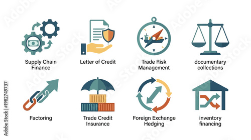 Economic and Financial Icons Set for Supply Chain Insurance and Investment Management