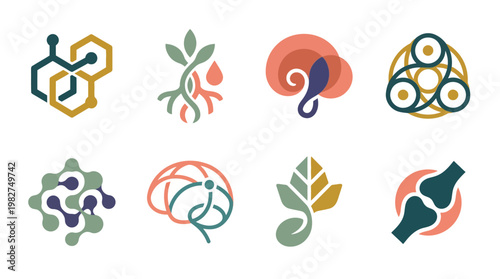 Vector Icon Set of Science and Biotechnology Symbols in Modern Flat Style