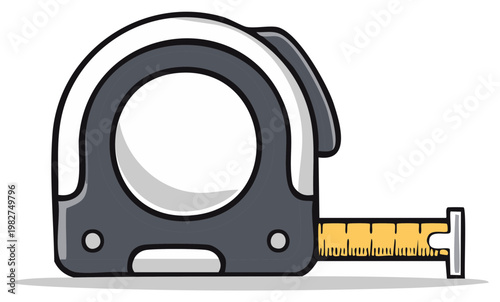 Illustration of a retractable tape measure tool extended for measuring distances and dimensions