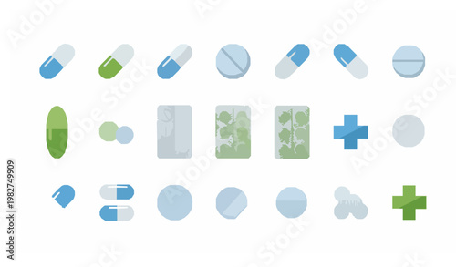 Medicine tablet and capsule icon set with vitamin pills and healthcare symbols in flat design for medical use