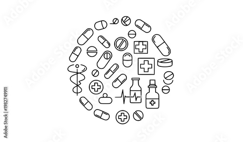 Minimal medicine capsule and tablet icon collection with outline pills and vitamin symbols in thin line style