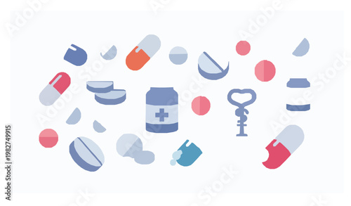 Colorful medicine tablet and capsule icon set with vitamin pills and healthcare symbols in modern gradient style