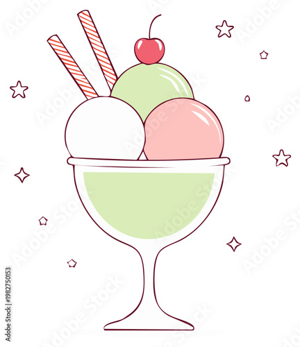 Colorful ice cream sundae in a glass with cherry and star decorations