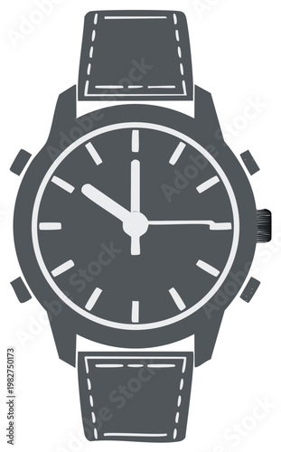 Gray wristwatch with white dial showing the time and leather straps.