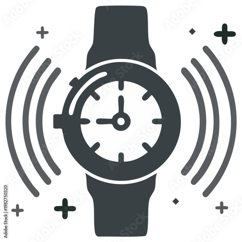 Alarm wristwatch with sound waves icon. Watch indicating time with alert symbol.