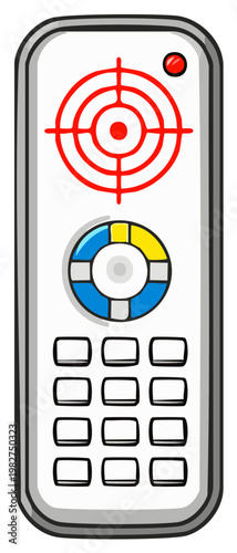 Target and control panel on a remote device with buttons and a life preserver graphic