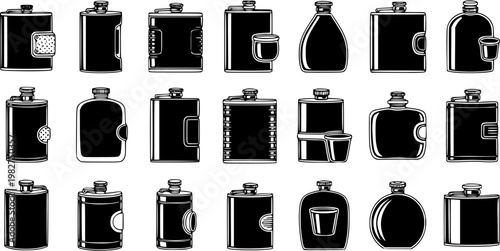 Hip Flasks and Portable Drink Bottles Black  White Line Art Glyph Icons Set for Beverage and Outdoor Lifestyle