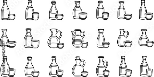 Hand Drawn Line Art Vector Icons of Japanese Sake Bottles, Pitchers, and Cups. Traditional Asian Alcoholic Beverage Serving Set Sketch.