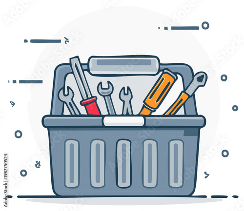 Cartoon toolbox filled with various tools, screwdrivers and wrenches for repair and construction tasks