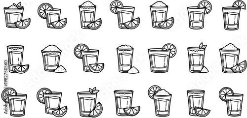 Food and Drink Black  White Line Art Tequila Shots Vector Set. Hand-drawn outline illustrations of shot glasses with lime, lemon, and salt for bar, party, and beverage designs.