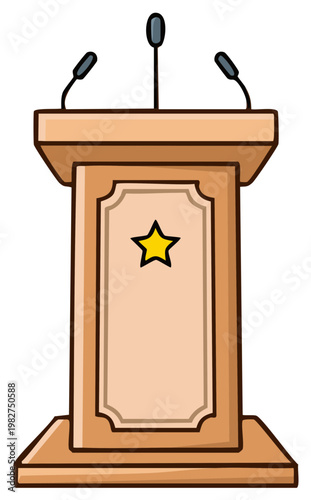 Wooden Podium with Microphones and Star Decoration for Speeches and Presentations