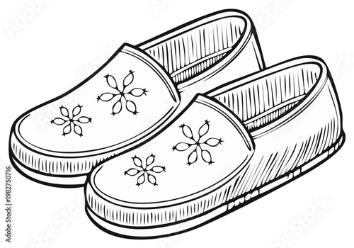 Cozy house slippers with a floral pattern line art illustration